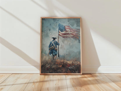 Revolutionary War Soldier Print, Impressionist American Flag Art, Blue Red Decor