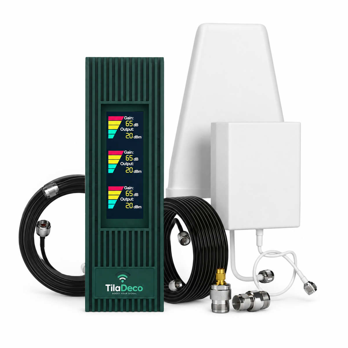 Tiladeco Home Cell Signal Booster for 4G LTE and 5G, improves mobile coverage up to 3,500 sq ft with compact design.