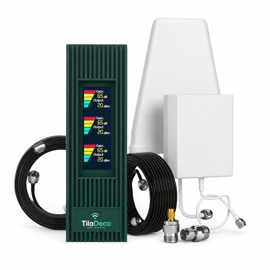 Tiladeco Home Cell Signal Booster for 4G LTE and 5G, improves mobile coverage up to 3,500 sq ft with compact design.