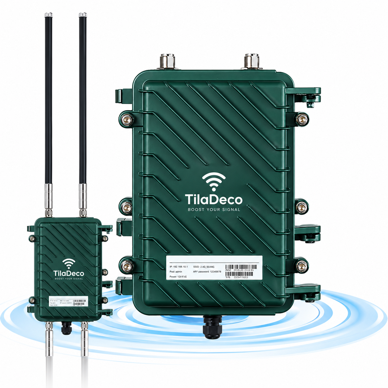 Tiladeco Outdoor WiFi 6 Extender with IP67 weatherproof design, dual-band 3000 Mbps, long-range access point for outdoor networks.