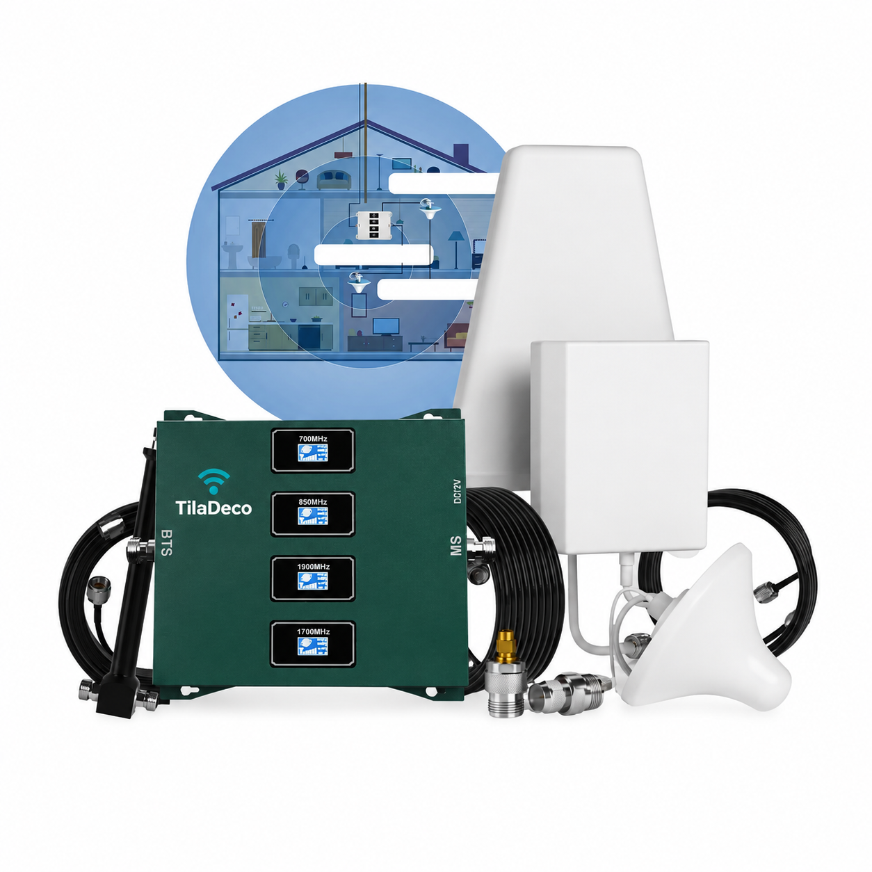 Tiladeco Pro Cell Signal Booster for metal-roof homes, enhances 4G LTE and 5G coverage up to 10,000 sq ft, shown in the image.