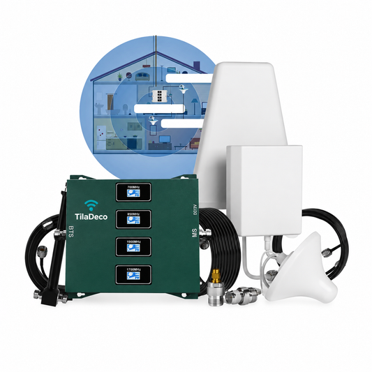Tiladeco Pro Cell Signal Booster for metal-roof homes, enhances 4G LTE and 5G coverage up to 10,000 sq ft, shown in the image.