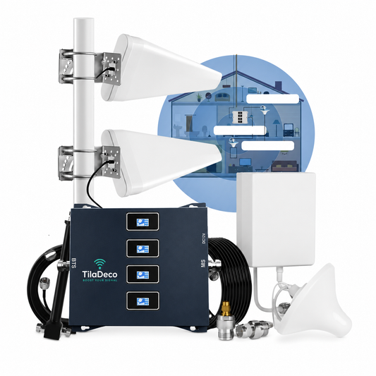 Tiladeco Pro Dual Cell Signal Booster with 72 dB gain for 4G LTE and 5G, covering up to 10,000 sq ft.