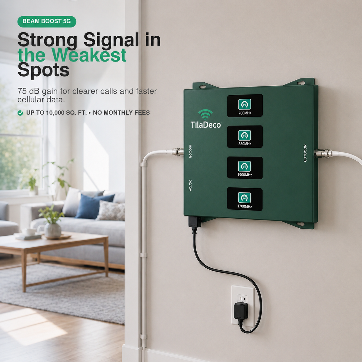 Tiladeco Pro Dual Cell Signal Booster kit with 4G LTE & 5G, 72 dB gain, designed to enhance cell signal coverage up to 10,000 sq ft.
